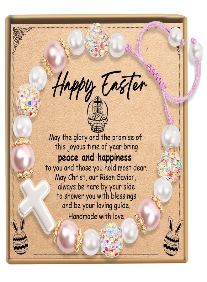 Sereney Happy Easter Bracelet for Girls, Easter Jewelry Cross Bracelet for Women as Easters Basket Stuffers, White Pink Pearls Bracelets as Easter's Christian Religious Gifts for Teens Girls - Image 1