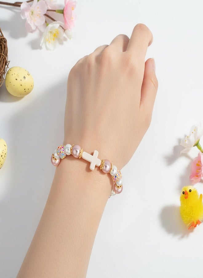 Sereney Happy Easter Bracelet for Girls, Easter Jewelry Cross Bracelet for Women as Easters Basket Stuffers, White Pink Pearls Bracelets as Easter's Christian Religious Gifts for Teens Girls - Image 3