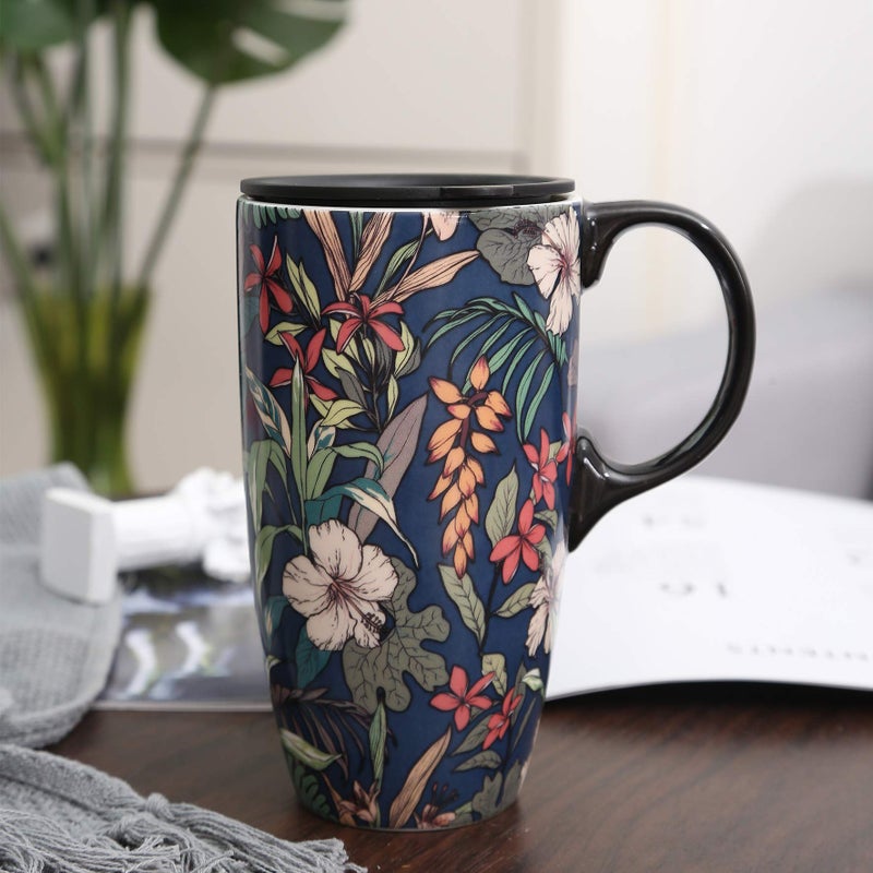 Topadorn Ceramic Coffee Mug Travel Cup Gift with Lid 17oz., Porcelain Tall Tea Cup with Handle for Home & Office, Blue Flower Art Pattern Mug in Gift Box, 6.5''H - Image 3