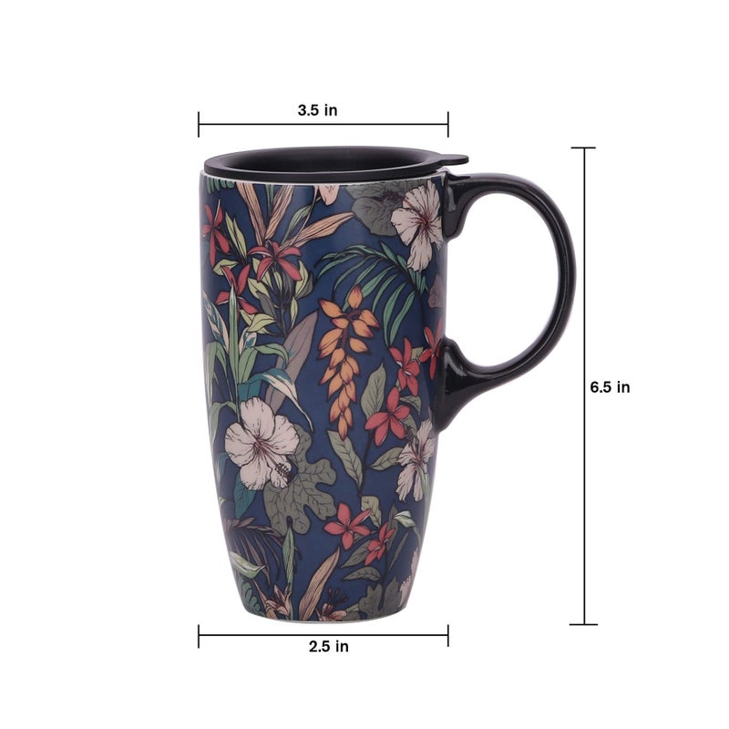 Topadorn Ceramic Coffee Mug Travel Cup Gift with Lid 17oz., Porcelain Tall Tea Cup with Handle for Home & Office, Blue Flower Art Pattern Mug in Gift Box, 6.5''H - Image 5