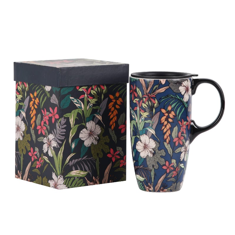 Topadorn Ceramic Coffee Mug Travel Cup Gift with Lid 17oz., Porcelain Tall Tea Cup with Handle for Home & Office, Blue Flower Art Pattern Mug in Gift Box, 6.5''H - Image 1