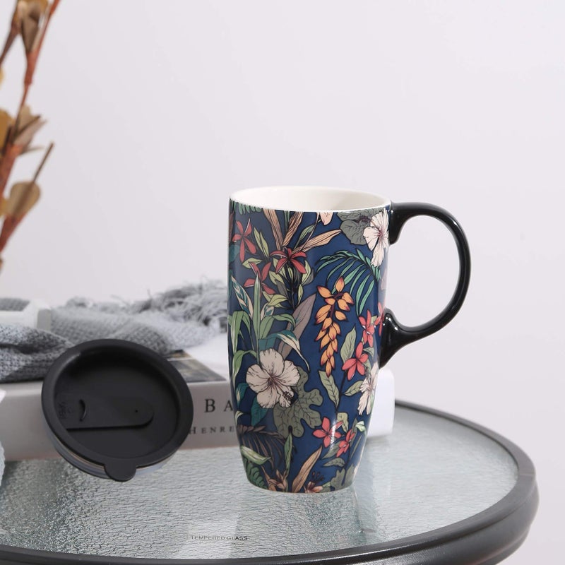 Topadorn Ceramic Coffee Mug Travel Cup Gift with Lid 17oz., Porcelain Tall Tea Cup with Handle for Home & Office, Blue Flower Art Pattern Mug in Gift Box, 6.5''H - Image 4