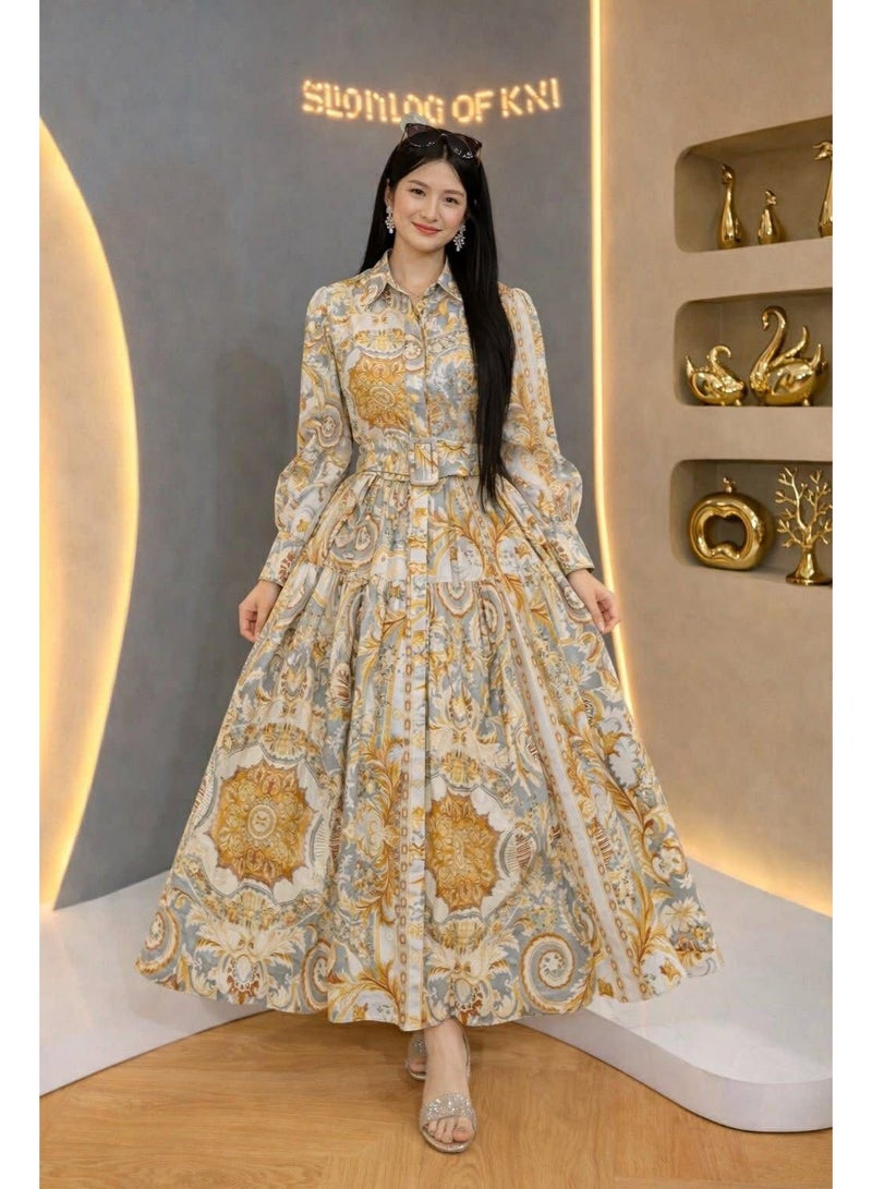 فستان ماكسي نسائي أنيق بطبعة فاخرة – أكمام طويلة وتصميم محتشم - Image 1