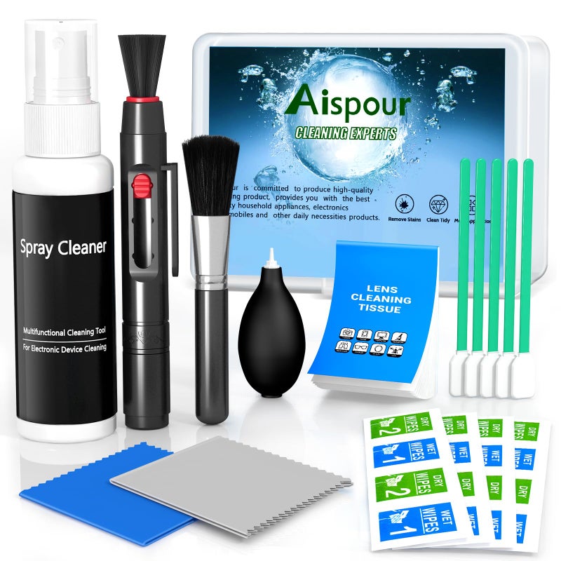 Aispour مجموعة تنظيف عدسات الكاميرا Aispour، مجموعة تنظيف الكاميرا 10 في 1، منظف عدسات الكاميرا وإكسسوارات الكاميرا، تشمل مجموعة تنظيف العدسات/منظف العدسات/قلم تنظيف العدسات/فرشاة ناعمة - Image 1