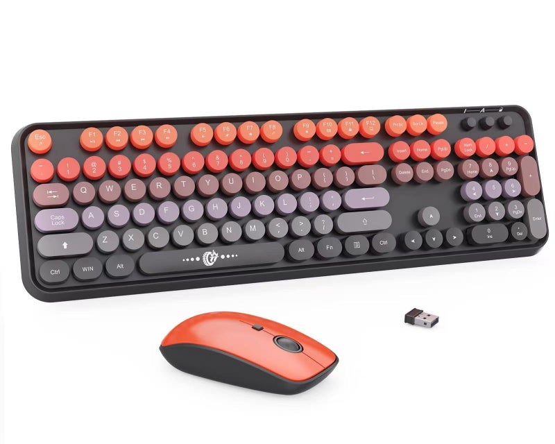 Letton Wireless Keyboard Mouse Combo,Typewriter Cute Retro Style,104 Round Key Colorful Keyboard with Number Pad,Letton Full Size Keyboard Mouse with 3 DPI for PC Laptop Computer-Black Orange - Image 1