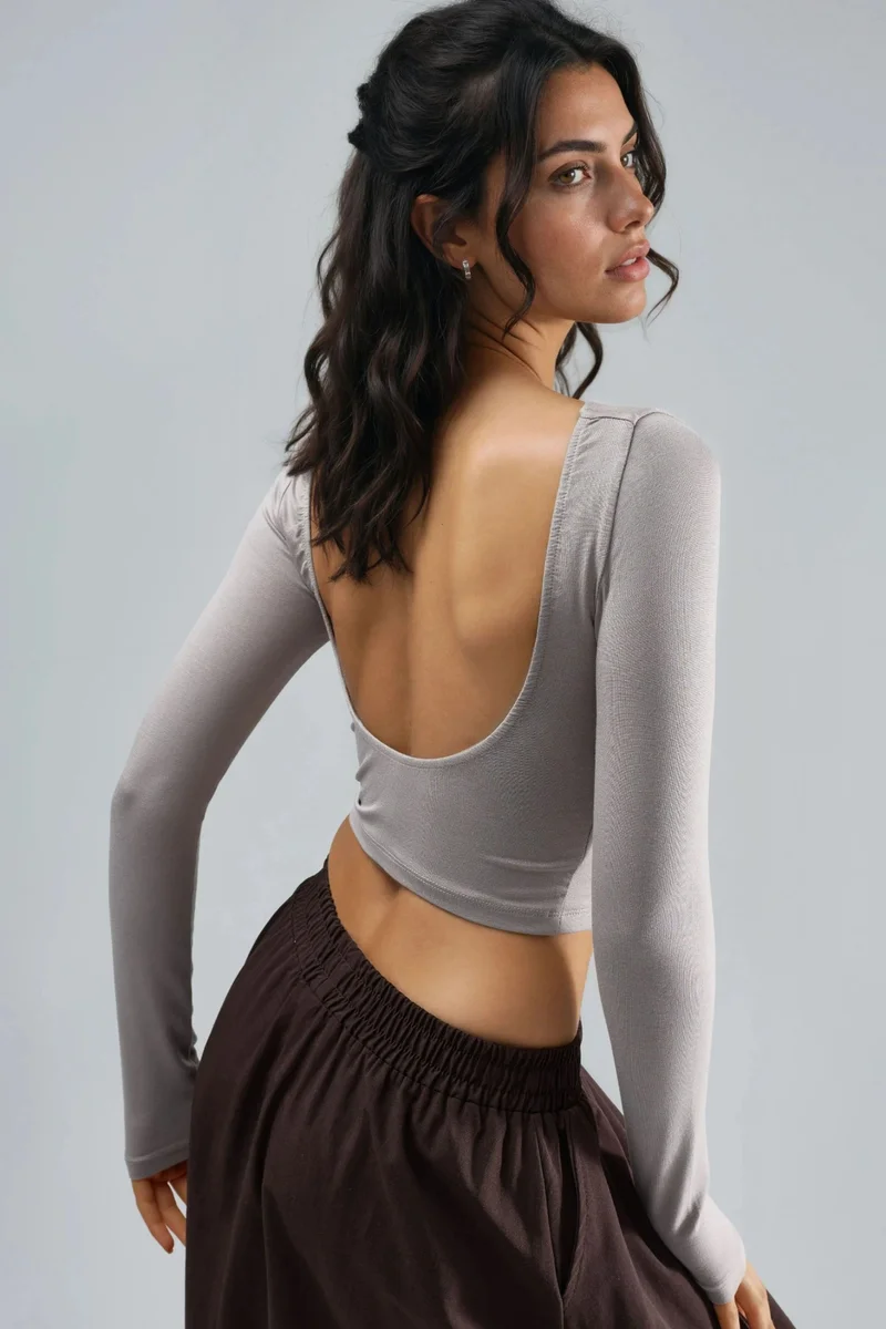BUSEM Slim Fit Cropped Blouse with Back Cut-Out