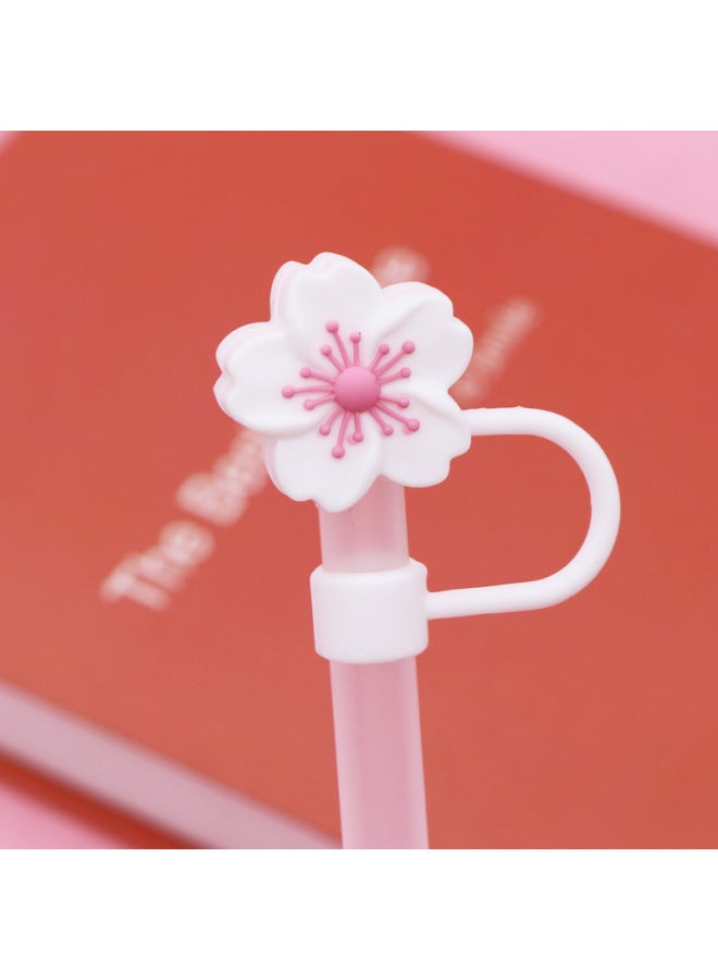 Silicone Straw Cap 8-10mm Cute Flower Doll Dust Cap Can Be Recycled Straw Plug-Color:Silicone White Powder Core Begonia 10mm-Specifications:Bagged Without Straw  - Image 1