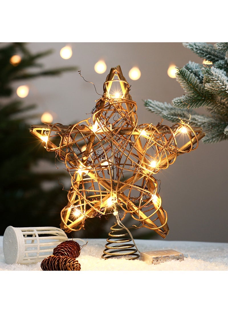 زينة نجمة حديدية لقمة شجرة عيد الميلاد بتصميم من الخوص البني