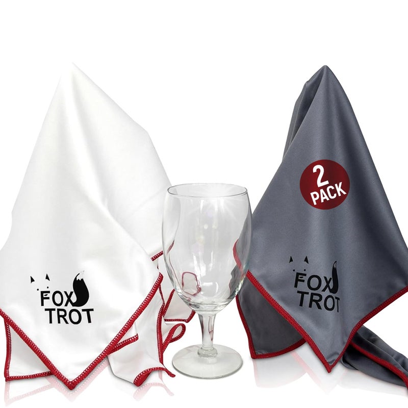 Fox Trot Large Microfiber Polishing Cloths 2 Pack White  Gray  Streak Free Lint Free Shine and Clarity for Wine Glasses Stemware and More