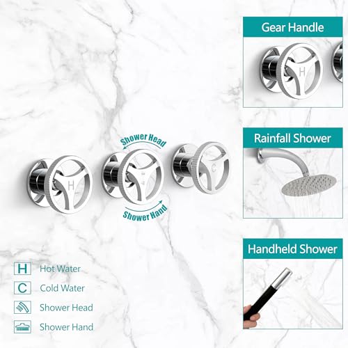 SKOWLL مجموعة صنبور الدش SKOWLL مع 3 مقبضات، صنبور حمام كروم مع رأس دش 8 بوصة، مجموعة كاملة مع صمام، صمامات دش مثبتة على الحائط، مقابض غير قابلة للانزلاق - Image 3