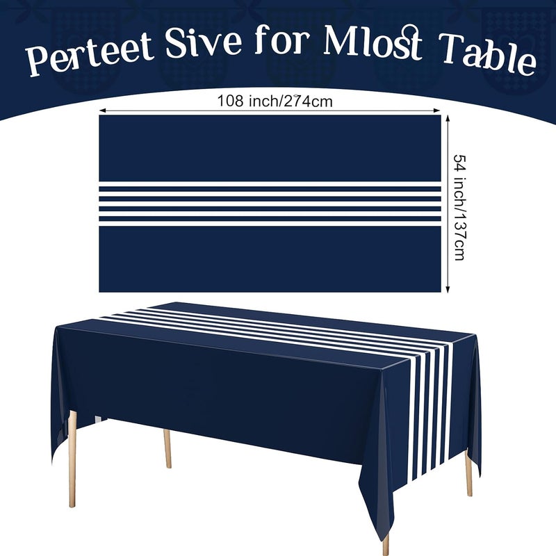 Oudain 6 Pcs Striped Tablecloth 108 x 54 Inch Disposable Plastic Table Cloth Waterproof Tablecloth Rectangle Table Cover for Birthday Wedding Bridal Party Supplies (Navy Blue White) - Image 2