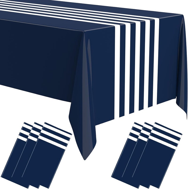 Oudain 6 Pcs Striped Tablecloth 108 x 54 Inch Disposable Plastic Table Cloth Waterproof Tablecloth Rectangle Table Cover for Birthday Wedding Bridal Party Supplies (Navy Blue White) - Image 1