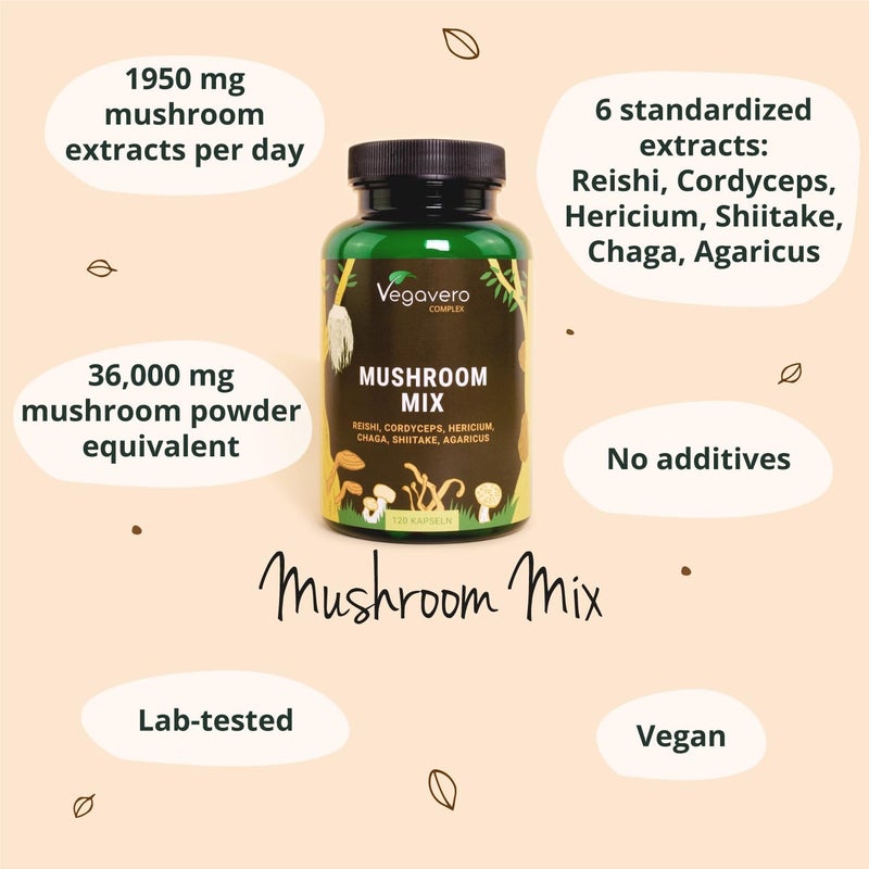 Vegavero Mushroom Complex | High Strength Extracts | Reishi, Cordyceps, Chaga, Lions Mane, Shiitake & Agaricus | NO Additives | 120 Capsules | Vegan - Image 4