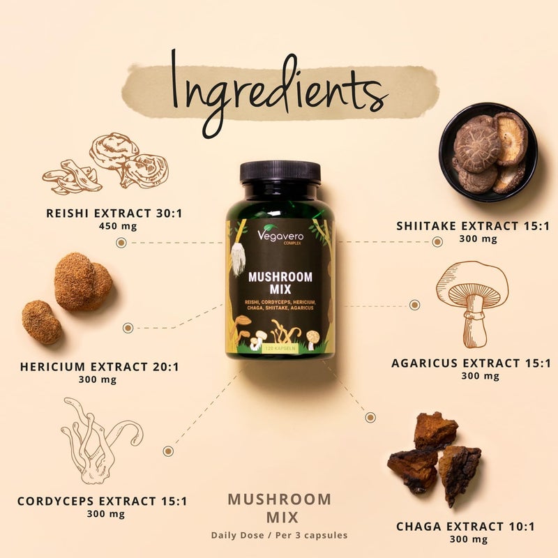 Vegavero Mushroom Complex | High Strength Extracts | Reishi, Cordyceps, Chaga, Lions Mane, Shiitake & Agaricus | NO Additives | 120 Capsules | Vegan - Image 5