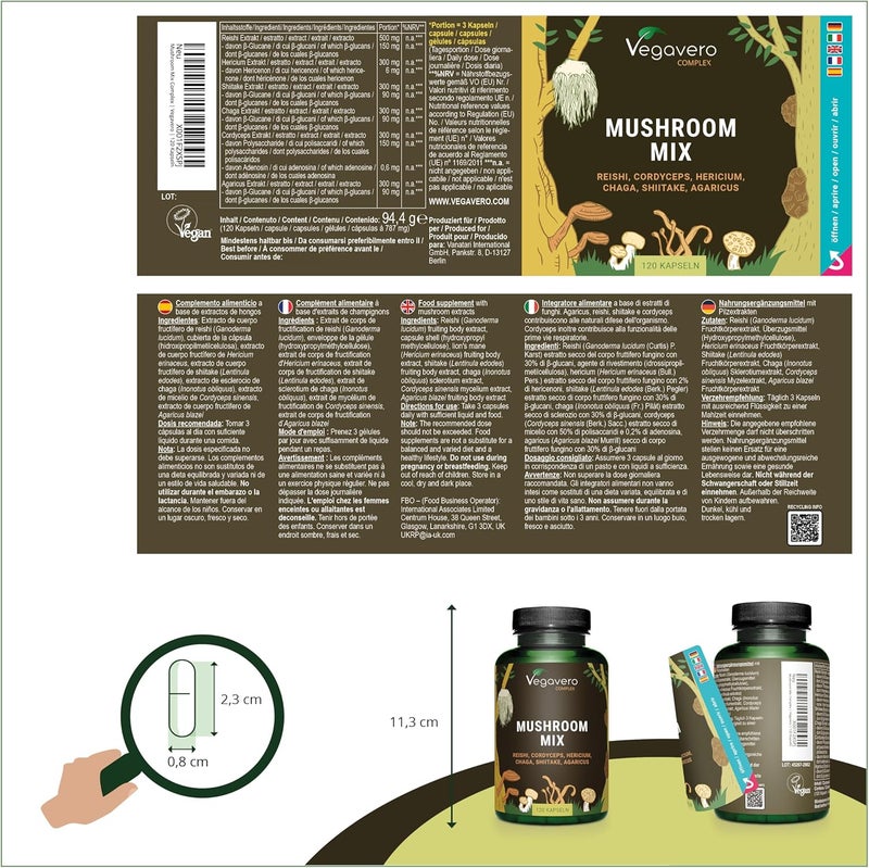 Vegavero Mushroom Complex | High Strength Extracts | Reishi, Cordyceps, Chaga, Lions Mane, Shiitake & Agaricus | NO Additives | 120 Capsules | Vegan - Image 3