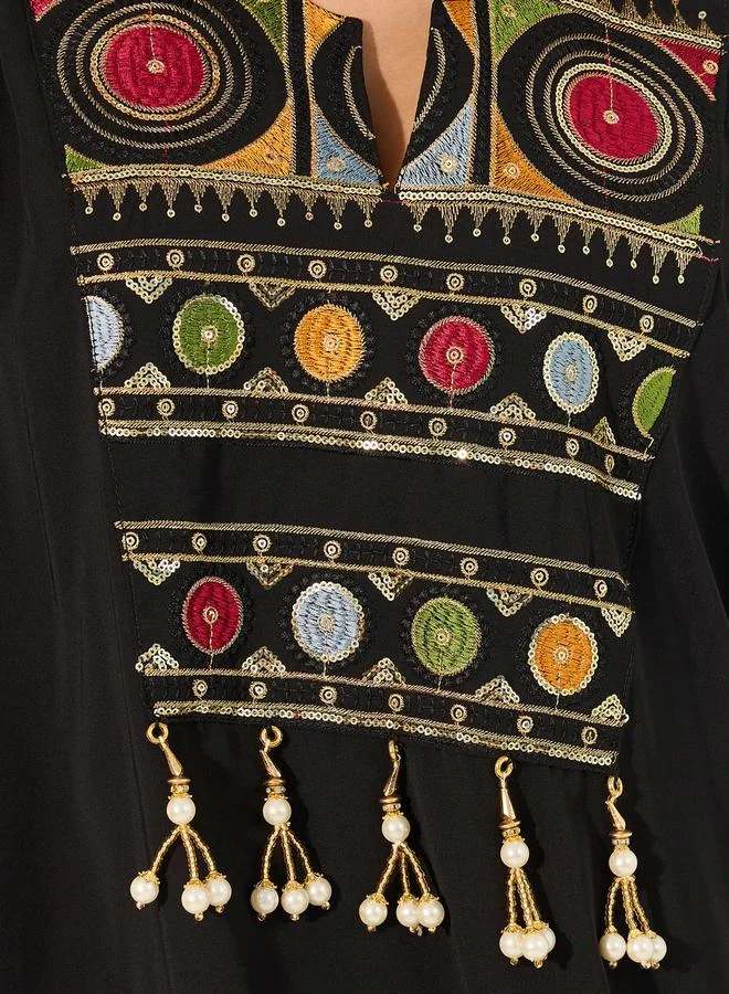 Styli Embroidered Notch Neck A-Line Jalabyia with Tassel Detail