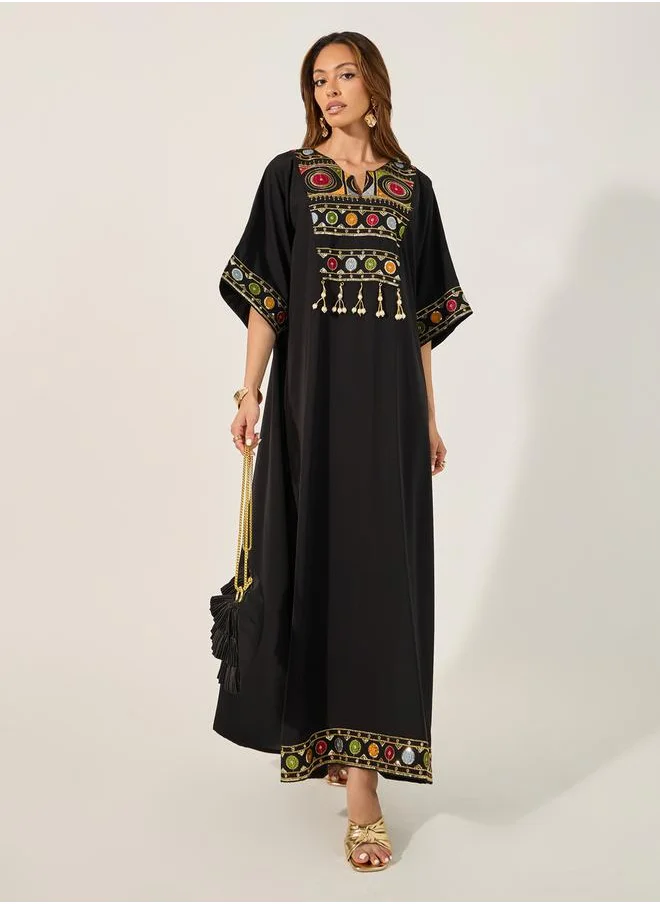 Styli Embroidered Notch Neck A-Line Jalabyia with Tassel Detail