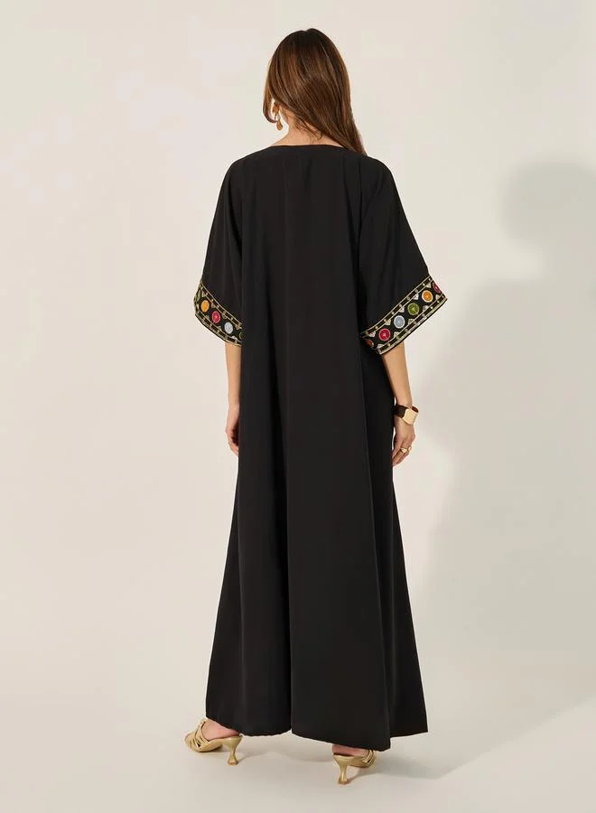 Styli Embroidered Notch Neck A-Line Jalabyia with Tassel Detail