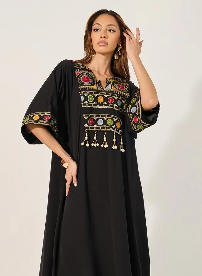 Styli Embroidered Notch Neck A-Line Jalabyia with Tassel Detail