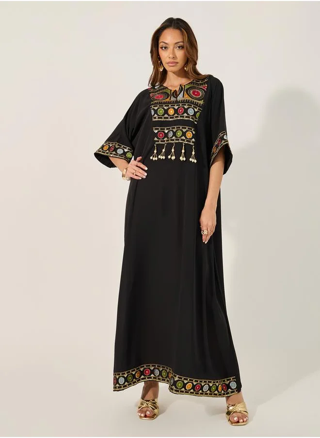 ستايلي Embroidered Notch Neck A-Line Jalabyia with Tassel Detail