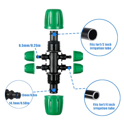 FULAIERGD 10 Pcs 1/2 to 1/4 inch Garden Hose Tubing Irrigation Fittings,6-Way Anti-Leak 1/2'' to 1/4'' Locked Barbed Drip Irrigation Tee Connectors (1/2"IDx0.6-0.63"OD) 1/2'' to 1/4'' Irrigation Tubing Fitting - Image 3