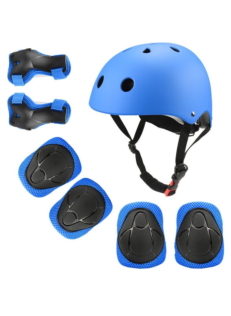 Roller skating protective gear children's helmet set of riding elbow wristband skateboard skates balance bike helmet knee pads 7 pcs - Blue  - Image 1