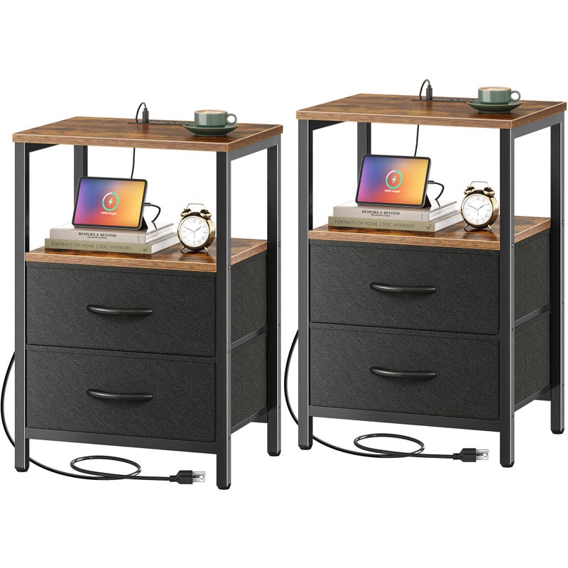 Huuger Nightstands Set of 2, End Tables with Charging Station, Side Tables with Fabric Drawers, Bedside Tables with USB Ports and Outlets, Night Stands for Bedroom, Rustic Brown and Black - Image 1