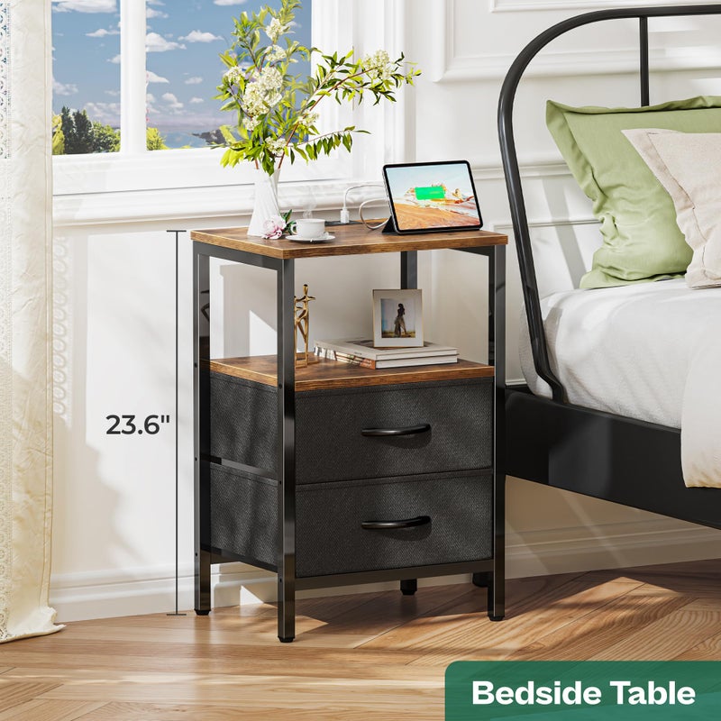 Huuger Nightstands Set of 2, End Tables with Charging Station, Side Tables with Fabric Drawers, Bedside Tables with USB Ports and Outlets, Night Stands for Bedroom, Rustic Brown and Black - Image 2