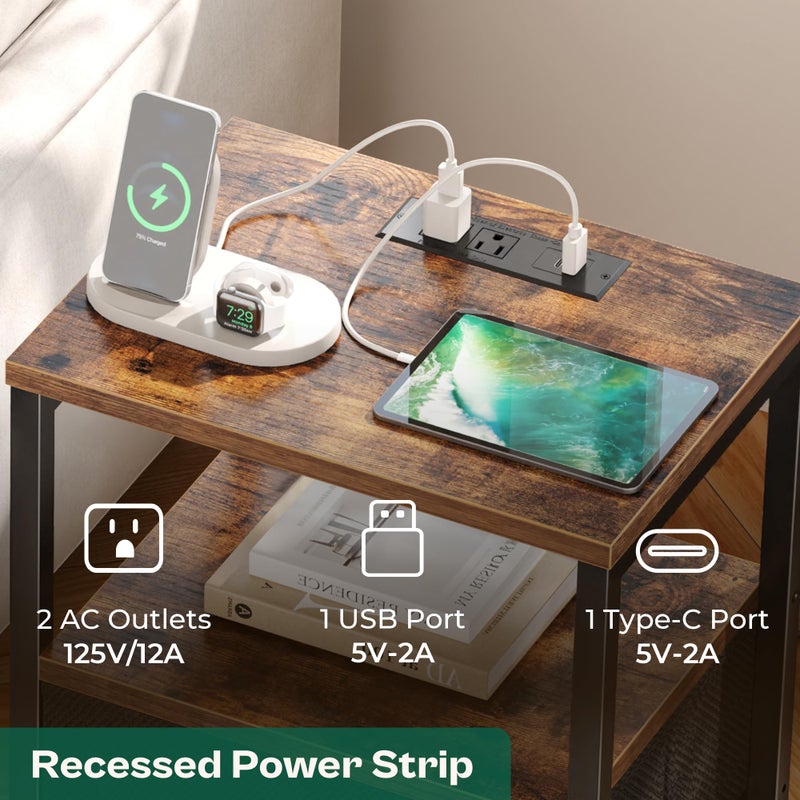 Huuger Nightstands Set of 2, End Tables with Charging Station, Side Tables with Fabric Drawers, Bedside Tables with USB Ports and Outlets, Night Stands for Bedroom, Rustic Brown and Black - Image 3