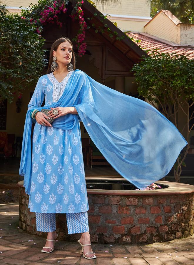 ساسافراس مجموعة كورتا زرقاء مزهرة من ساسافراس مع بنطلون ضيق ودوباتا - Image 2