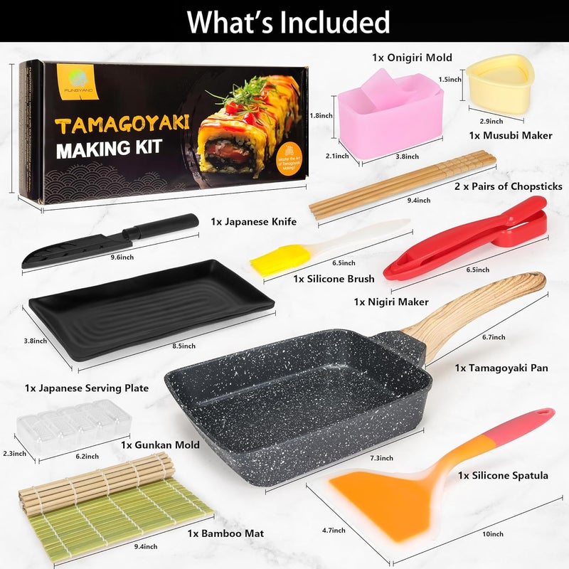 FUNGYAND Tamagoyaki Pan Set, 12-in-1 Japanese Omelette Pan with Spatula, Bamboo Mat, Knife, and Sushi Accessories - 5x7 Inches Deluxe Cookware - Image 2