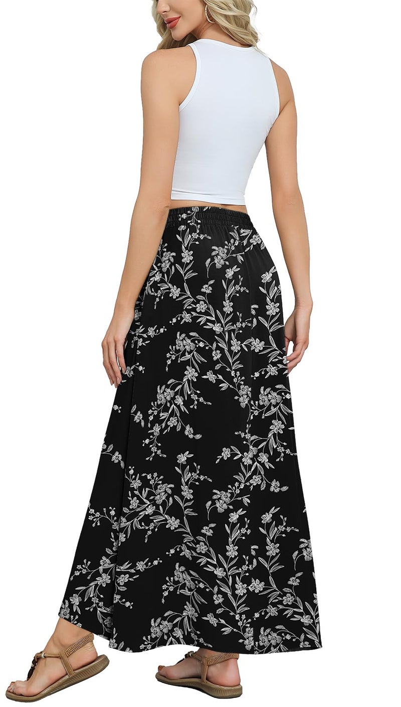 Askyes Womenâ€™s Summer Long Skirts High Waisted Casual Work Beach Flowy Maxi Skirt with Pockets,Black D Floral,L - Image 1