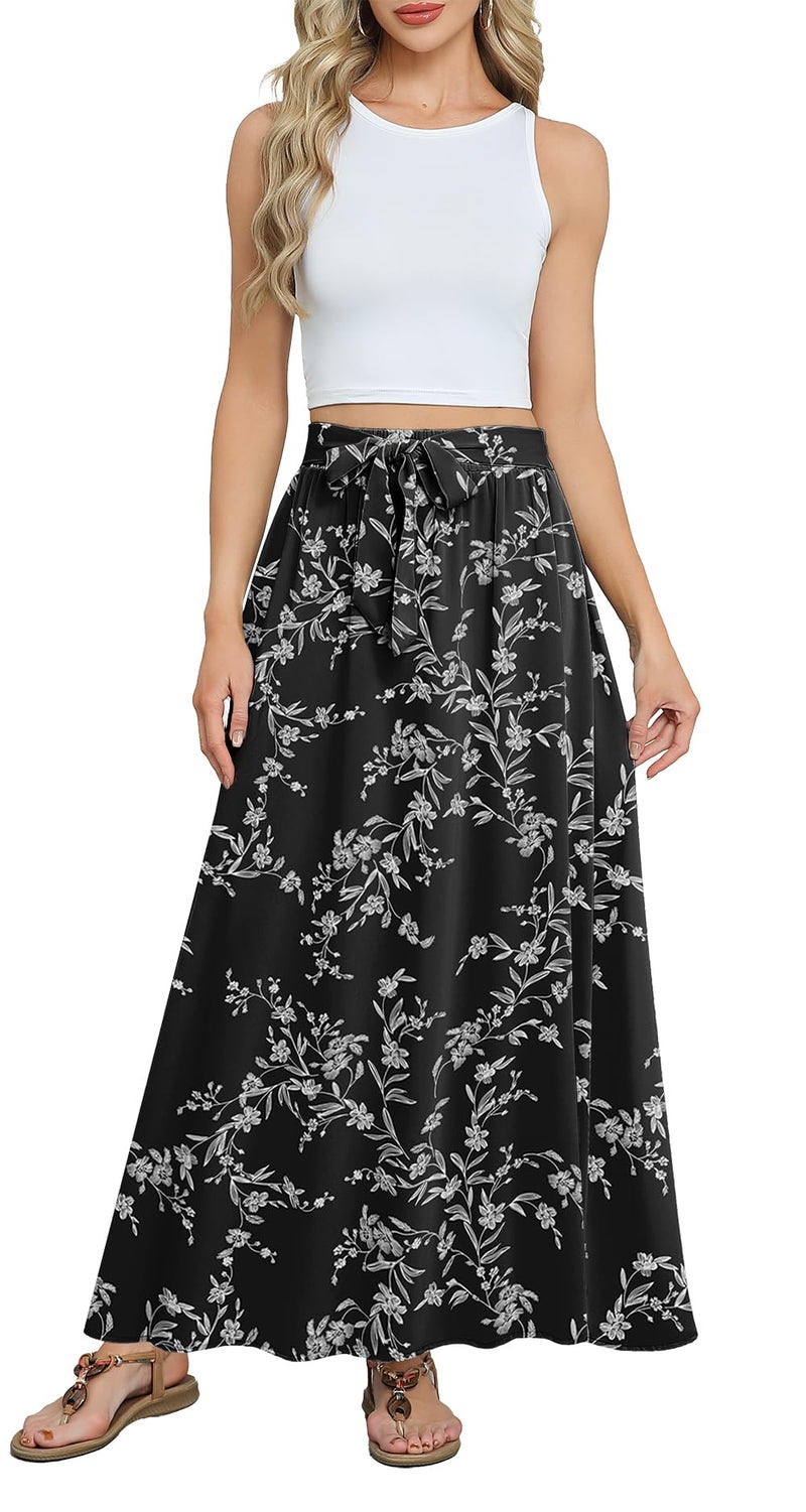 Askyes Womenâ€™s Summer Long Skirts High Waisted Casual Work Beach Flowy Maxi Skirt with Pockets,Black D Floral,L - Image 3