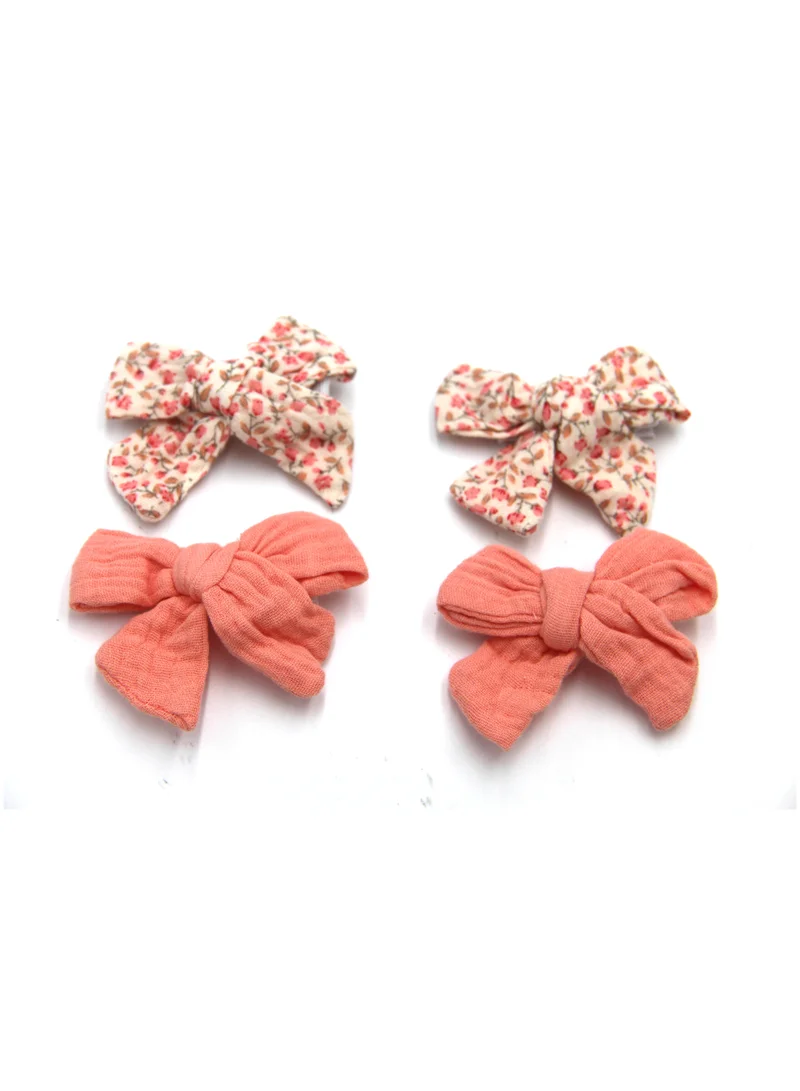 D'Daniela Adella Ribbon Bow Clip Set For Babies and Girls -  Peach & Floral Pink