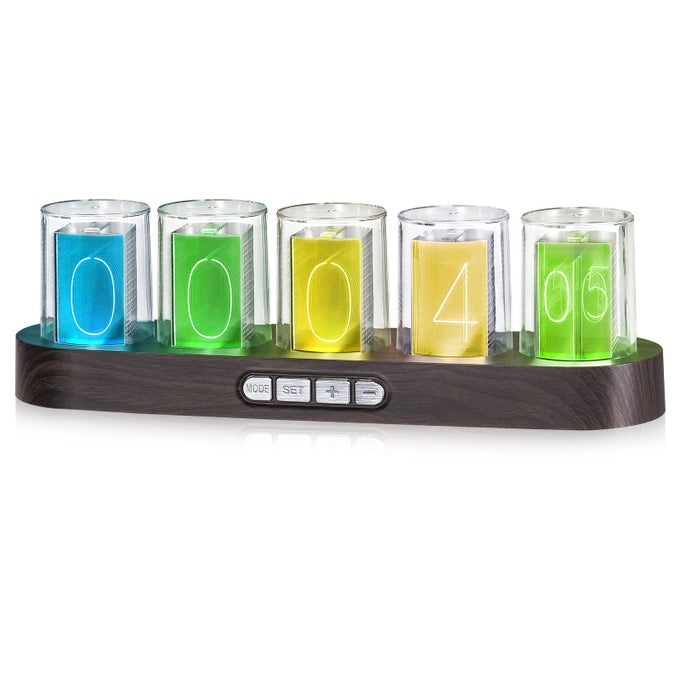 NIXIE TUBE CLOCKGLOW TUBES ANALOG CLOCKCREATIVE RETRO DIGITAL VARIABLE COLOREXQUISITE DESKTOP DECORATION GIFT IDEANO ASSEMBLY REQUIRED IMITATION WOOD GRAIN