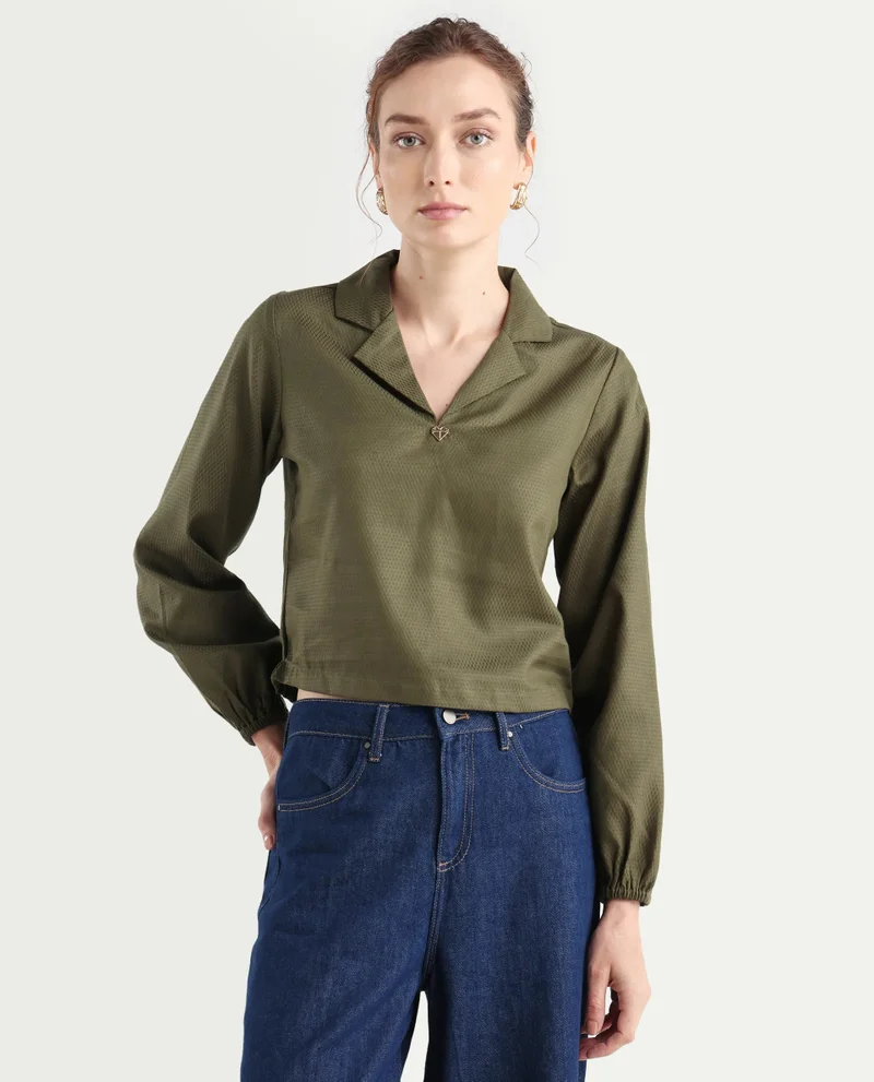 Rareism Women's Cropped Bishop Sleeve Top