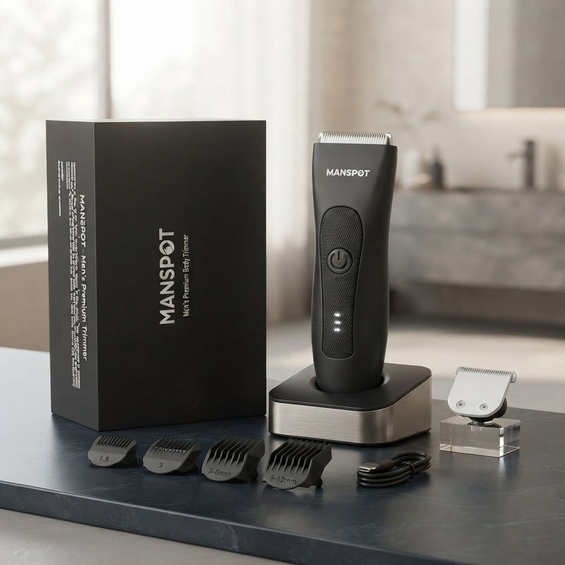 MANSPOT Premium Men's Body Trimmer, Waterproof, Anti Nick Shaving, Electric Groin & Body Hair Groomer with Ceramic Blades, 7000 RPM Moto,  4 Versatile Guard Combs &  LED Battery Indicator - Image 1