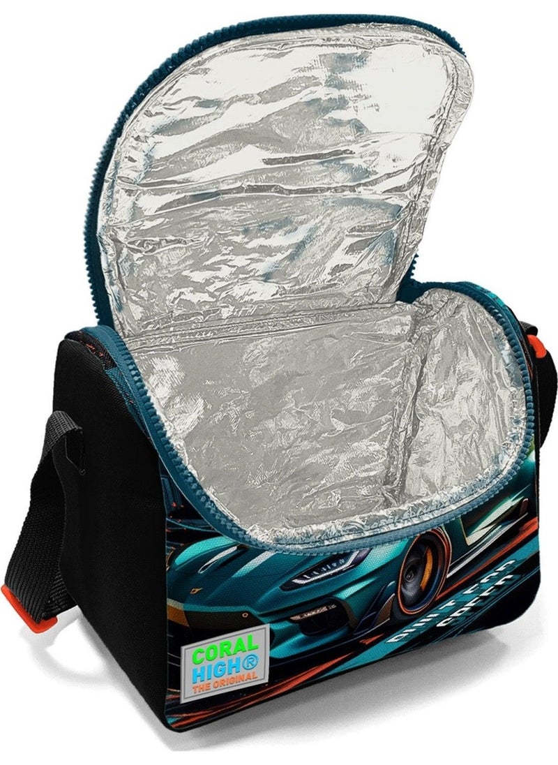 CORAL HIGH - Black Oil Racing Car Patterned Boy Thermal Insulated Lunch Bag and Pencil Case Set - Image 1