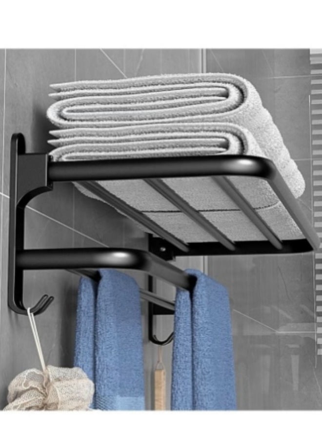 Shuer Bathroom Towel Rack Organlzer Non Perforated Storage Rack Wall Mounted Foldable Towel Shelf with Towel Bar Storage Rack Brushed Holder for Folding Large Towels Hotel Towel Rack Wall Mounted with Hooks (Black)  - Image 1