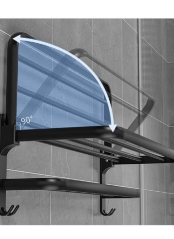 Shuer Bathroom Towel Rack Organlzer Non Perforated Storage Rack Wall Mounted Foldable Towel Shelf with Towel Bar Storage Rack Brushed Holder for Folding Large Towels Hotel Towel Rack Wall Mounted with Hooks (Black)  - Image 2