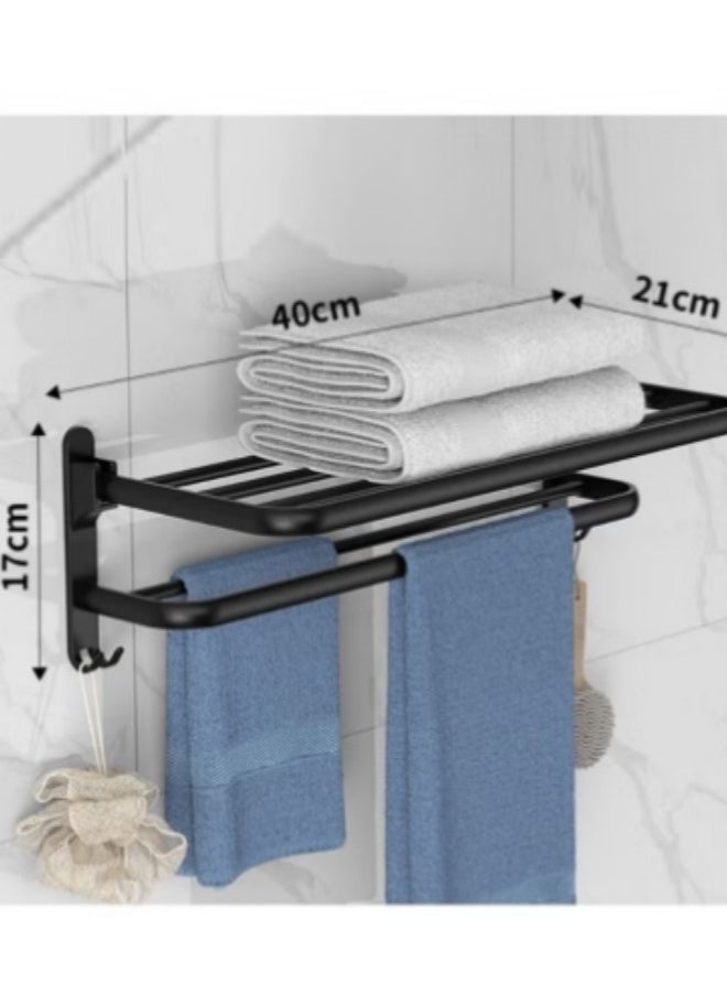 Shuer - Bathroom Towel Rack Organlzer Non Perforated Storage Rack Wall Mounted Foldable Towel Shelf with Towel Bar Storage Rack Brushed Holder for Folding Large Towels Hotel Towel Rack Wall Mounted with Hooks (Black) - Image 1