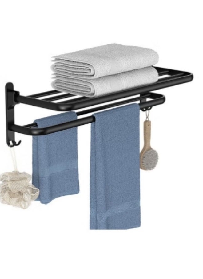 Shuer - Bathroom Towel Rack Organlzer Non Perforated Storage Rack Wall Mounted Foldable Towel Shelf with Towel Bar Storage Rack Brushed Holder for Folding Large Towels Hotel Towel Rack Wall Mounted with Hooks (Black) - Image 1