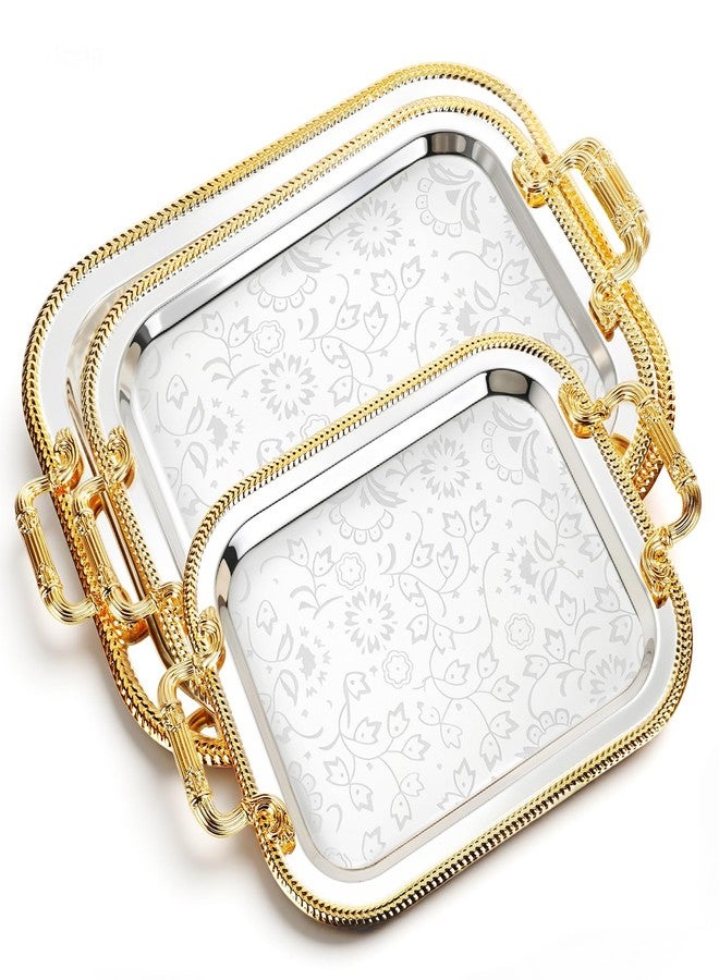 Teecyhooo 3 Pack Serving Tray with Gold Handle Large Metal Plate Platter Coffee Tea Tray Floral Table Platter for Buffet Wedding Party Jewelry, 18.3" x 14.6", 16" x 12.8", 12.8" x 10.4"(Gold,Silver) - Image 1