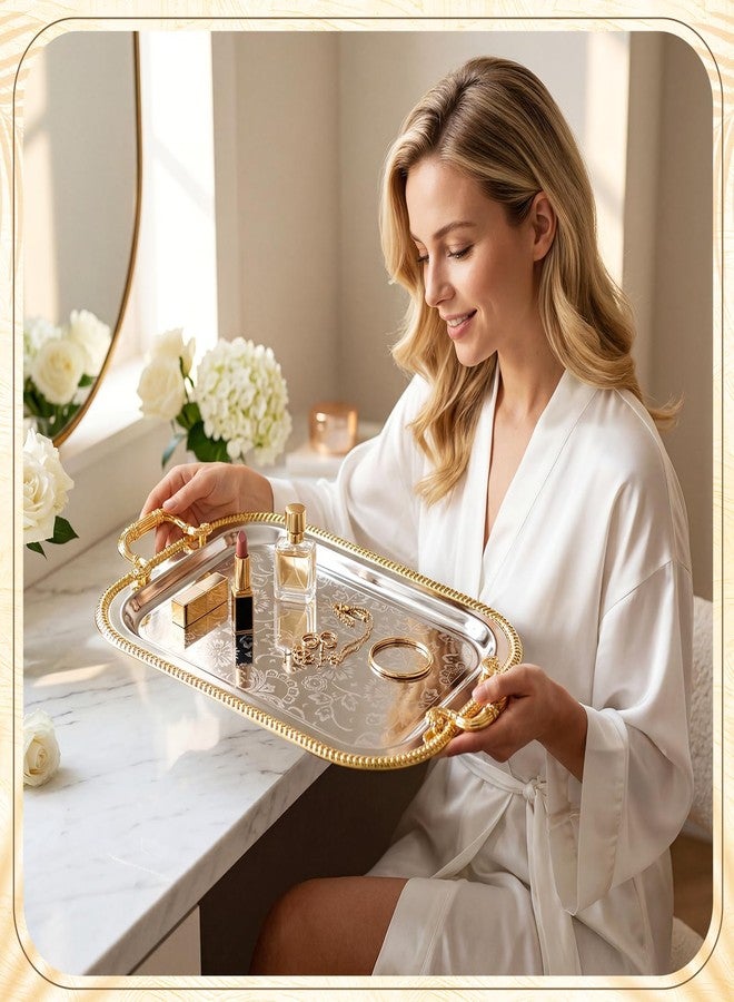 Teecyhooo 3 Pack Serving Tray with Gold Handle Large Metal Plate Platter Coffee Tea Tray Floral Table Platter for Buffet Wedding Party Jewelry, 18.3" x 14.6", 16" x 12.8", 12.8" x 10.4"(Gold,Silver) - Image 4