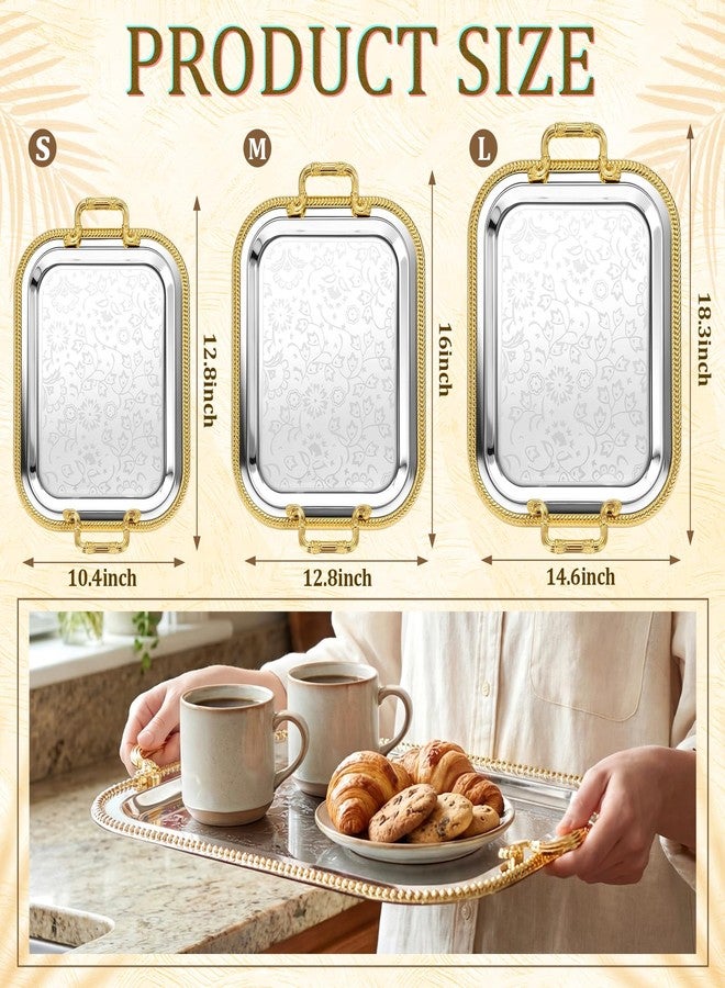 Teecyhooo 3 Pack Serving Tray with Gold Handle Large Metal Plate Platter Coffee Tea Tray Floral Table Platter for Buffet Wedding Party Jewelry, 18.3" x 14.6", 16" x 12.8", 12.8" x 10.4"(Gold,Silver) - Image 3