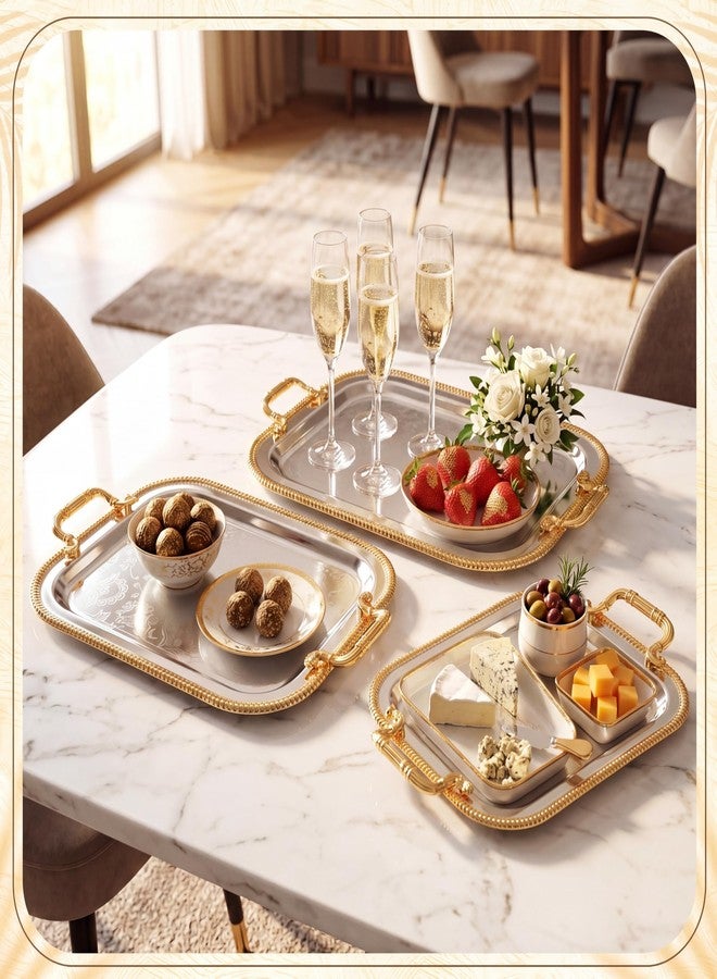 Teecyhooo 3 Pack Serving Tray with Gold Handle Large Metal Plate Platter Coffee Tea Tray Floral Table Platter for Buffet Wedding Party Jewelry, 18.3" x 14.6", 16" x 12.8", 12.8" x 10.4"(Gold,Silver) - Image 5