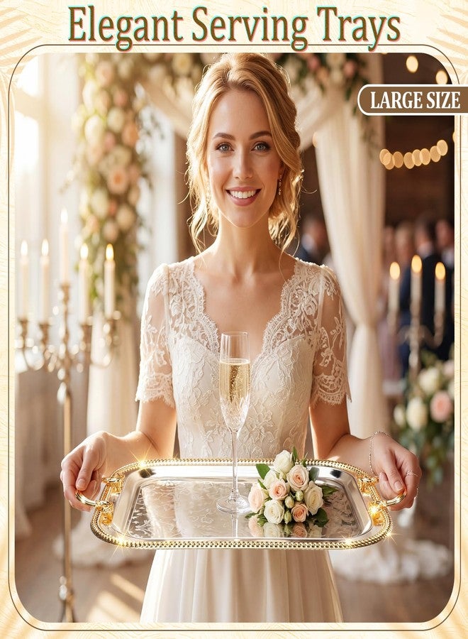 Teecyhooo 3 Pack Serving Tray with Gold Handle Large Metal Plate Platter Coffee Tea Tray Floral Table Platter for Buffet Wedding Party Jewelry, 18.3" x 14.6", 16" x 12.8", 12.8" x 10.4"(Gold,Silver) - Image 2