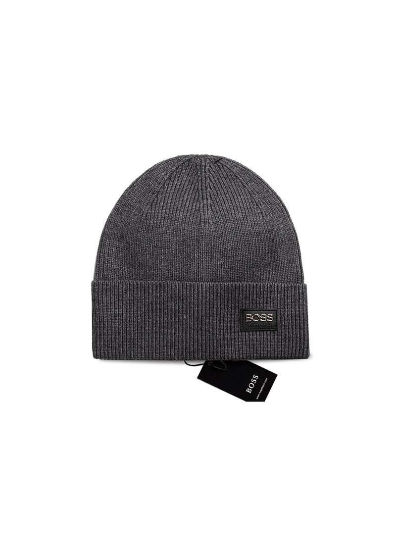 BOSS Charcoal Gray Knit Beanie with Embroidered Leather Brand Patch