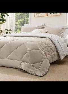 Home of linens 3Pcs Reversible Heavy Comforter Set - 4Kgs - Down Alternative Filling - (For Matress 180cm/200cm) - Size  (250cm x 240cm) + 2 Pillow Case Covers (50cm x 70cm) - White x Beige  - Image 1