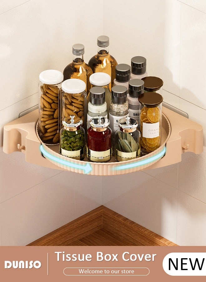 DUNISO Corner Spice Rack, Hanging Turntable Organizer with 2 Hooks, Adhesive No Drilling Storage Rack Self, Wall Mounted Multifunctional Storage Tray for Cabinet, Pantry, Kitchen, Office Countertop, Refrigerator, Cupboard, Bathroom - Image 1